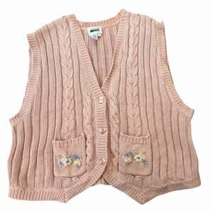 Vintage Leslie Fay Sport Cable Knit Granny Core Pink Sweater Vest Embroidery L